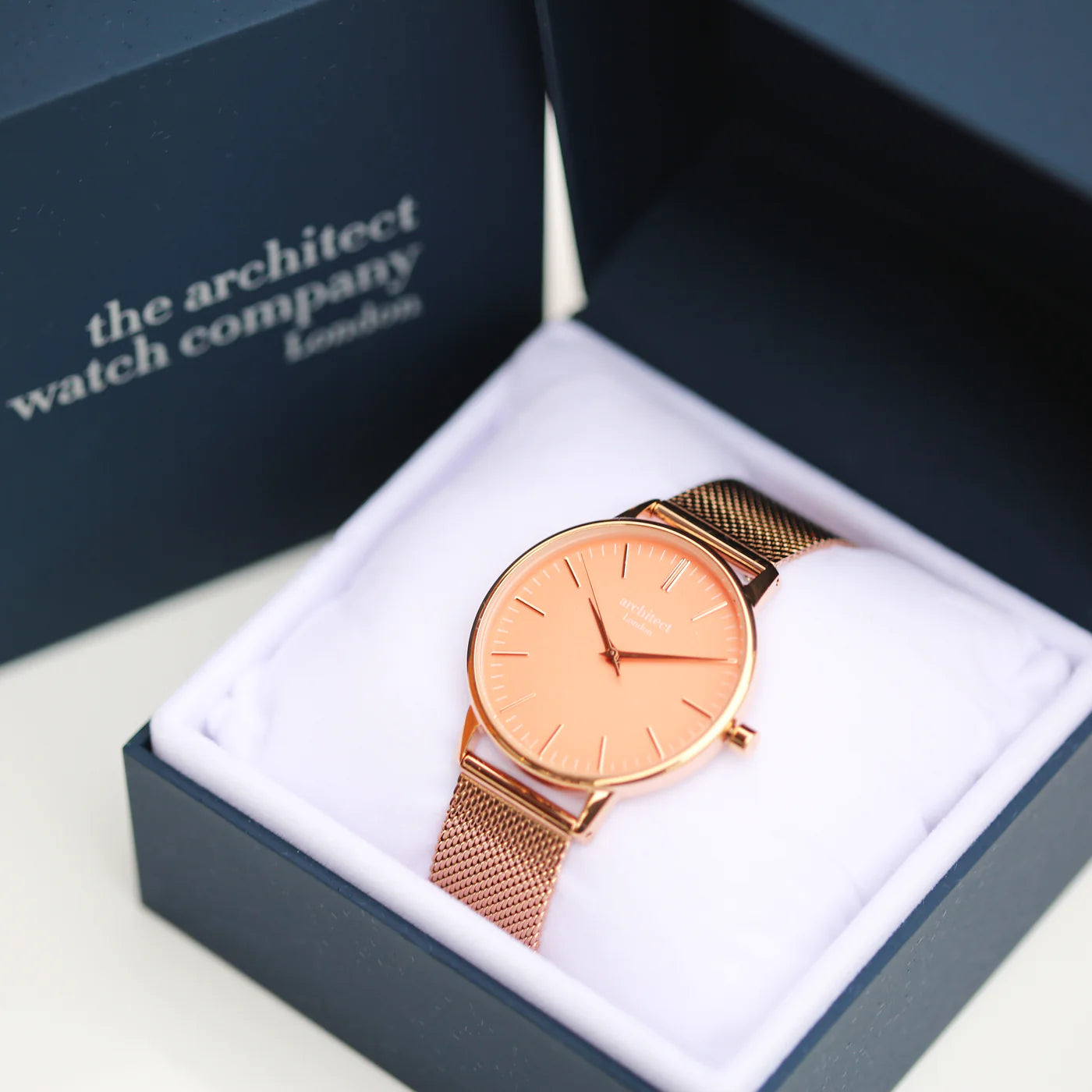 Engraved Ladies Architect Coral Watch - Rose Gold Mesh Strap