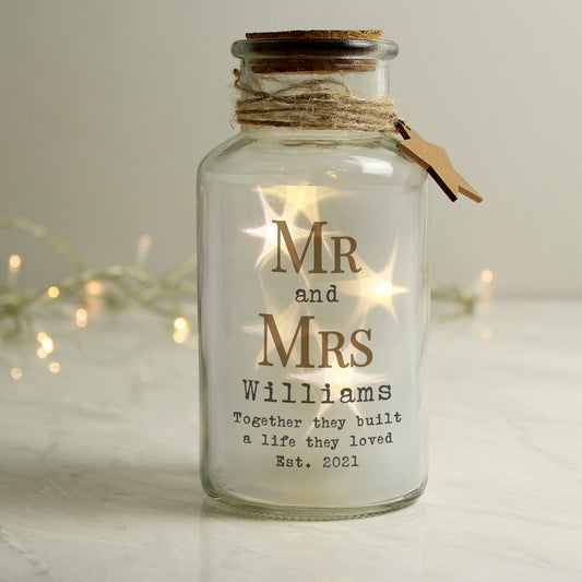 Personalised Wedding Mr & Mrs LED Glass Jar | Anniversary Gift Idea