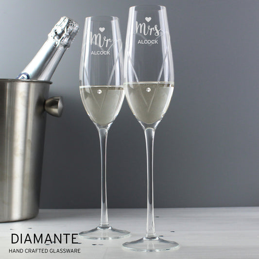 Personalised Hand Cut Mr & Mrs Flute Glasses in Gift Box Wedding Gifts