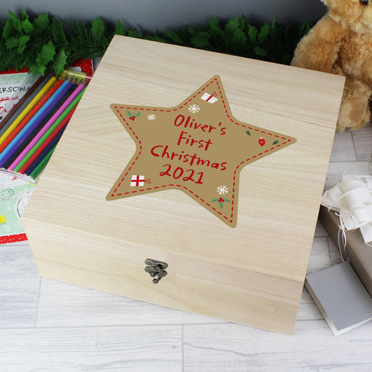 Personalised Star Christmas Eve Large Wooden Keepsake Box