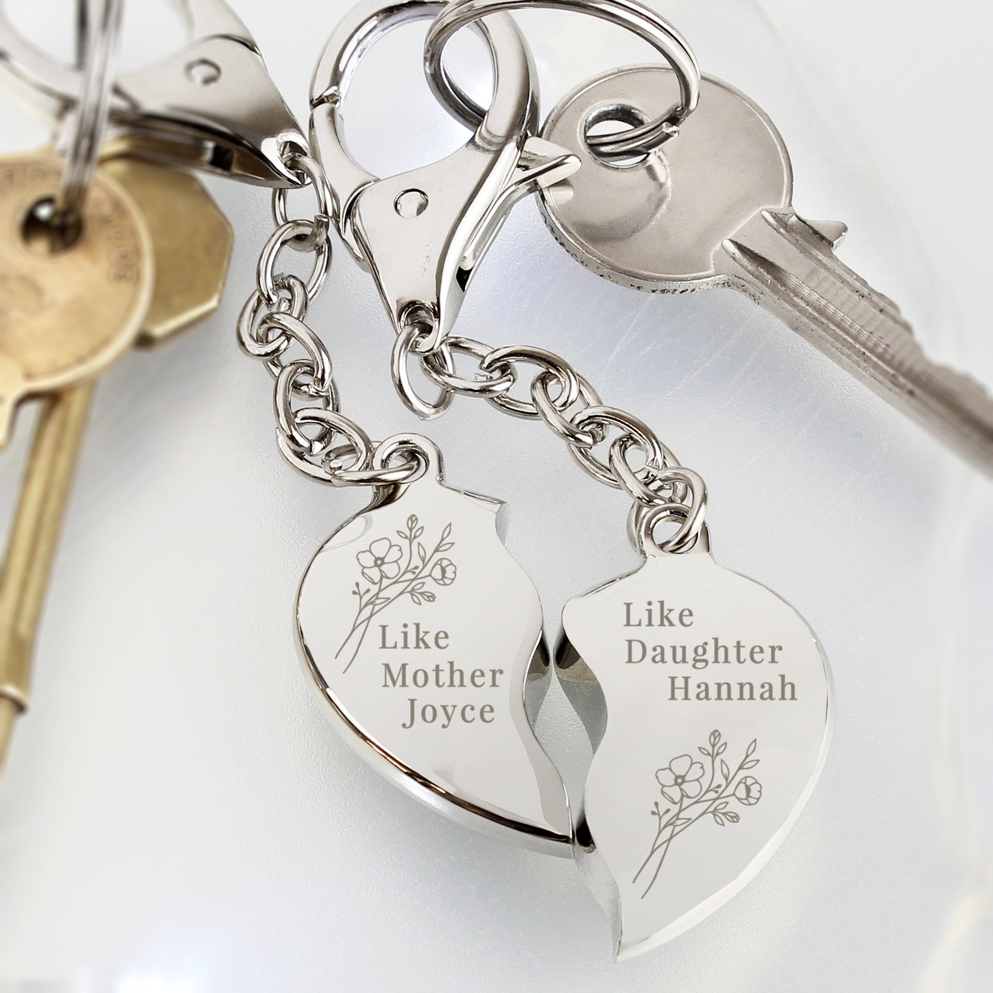 Personalised Floral Like Mother Like Daughter Two Heart Keyring