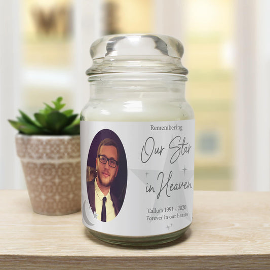Personalised Our Star In Heaven Photo Memorial Candle Jar