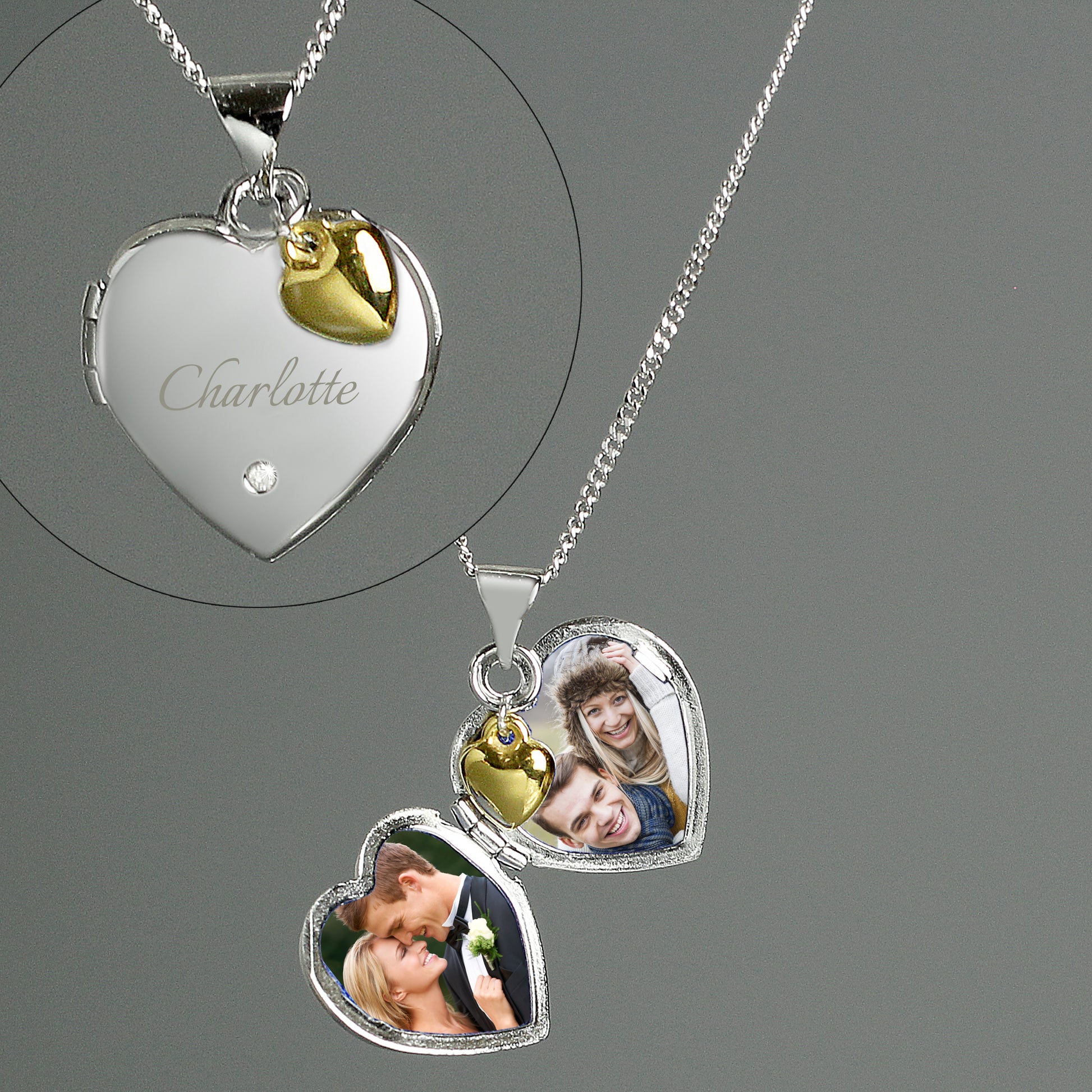 Personalised Sterling Silver Heart Locket Necklace Diamond 9ct Gold Charm