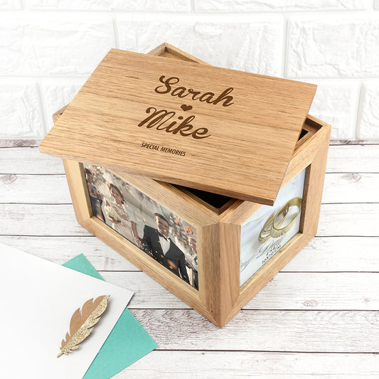 Personalised Name and Heart Oak Photo Cube Keepsake Box Wedding Gift