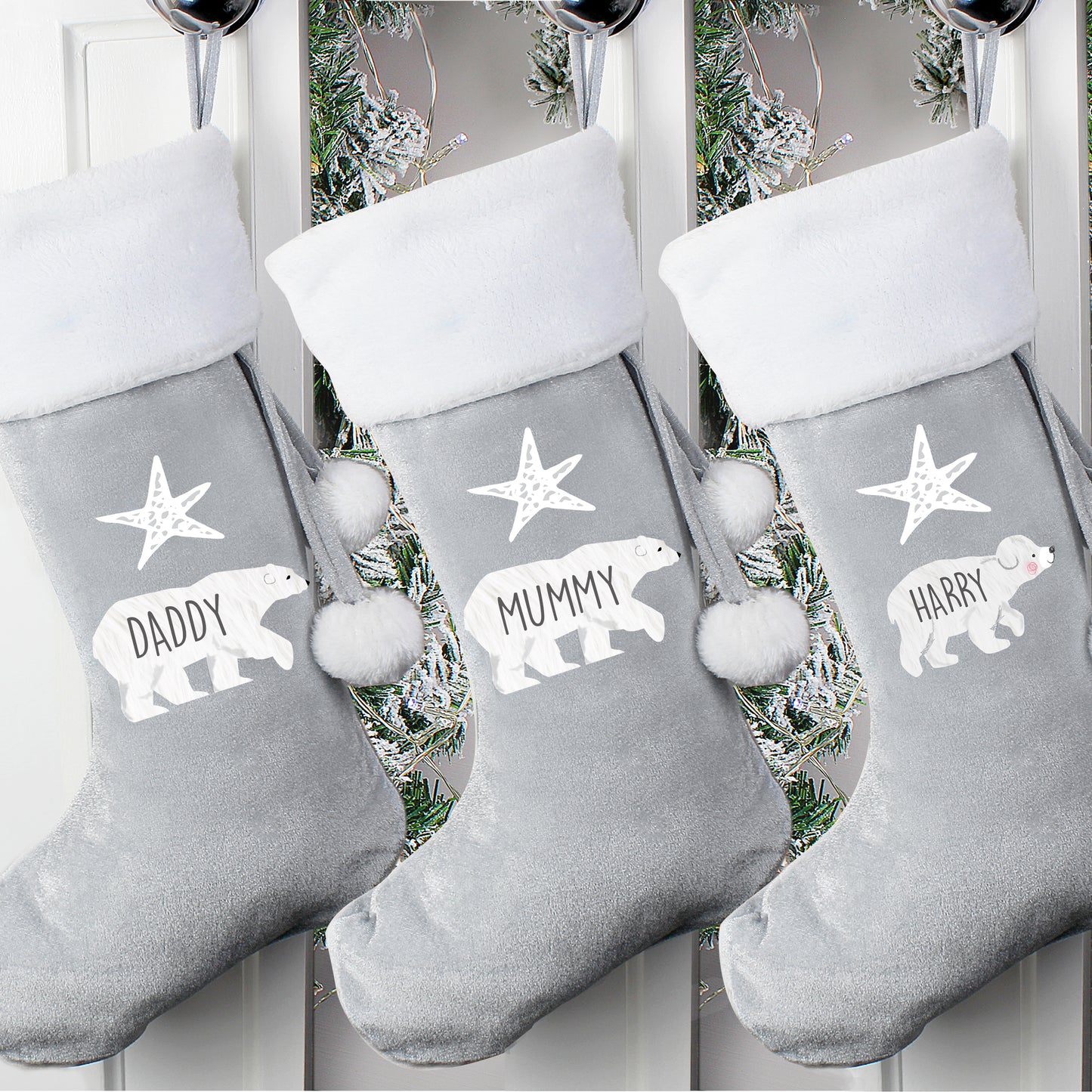 Personalised Baby Polar Bear Luxury Silver Grey Christmas Stocking