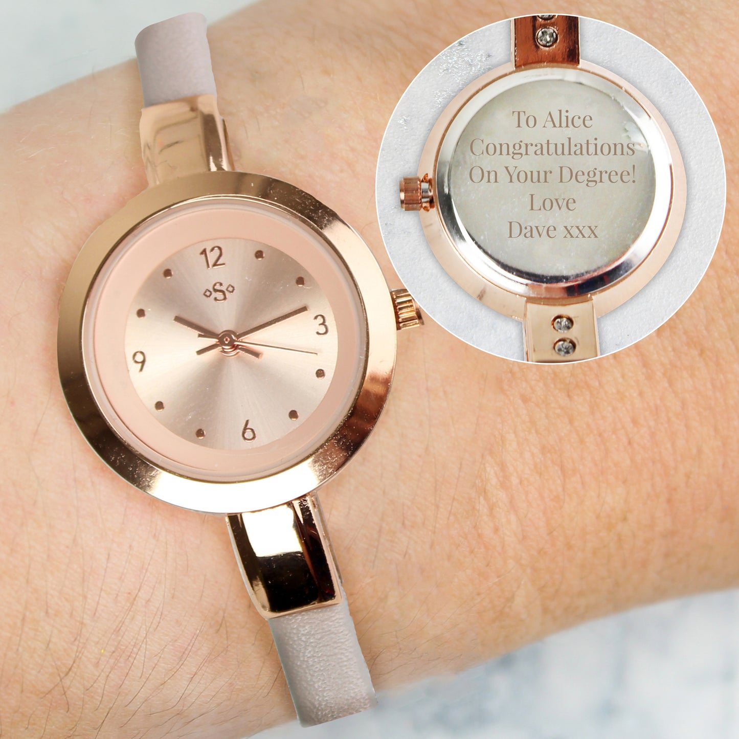 Personalised Rose Gold with Faux Leather Strap Ladies Watch - PCS Cufflinks & Gifts