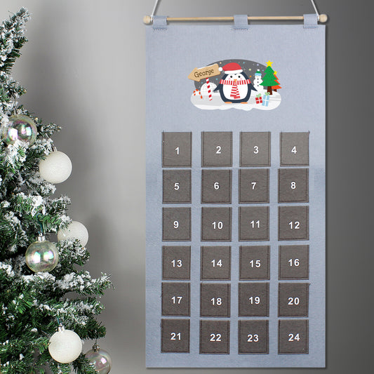 Personalised Christmas Penguin Silver Grey Pockets Advent Calendar 