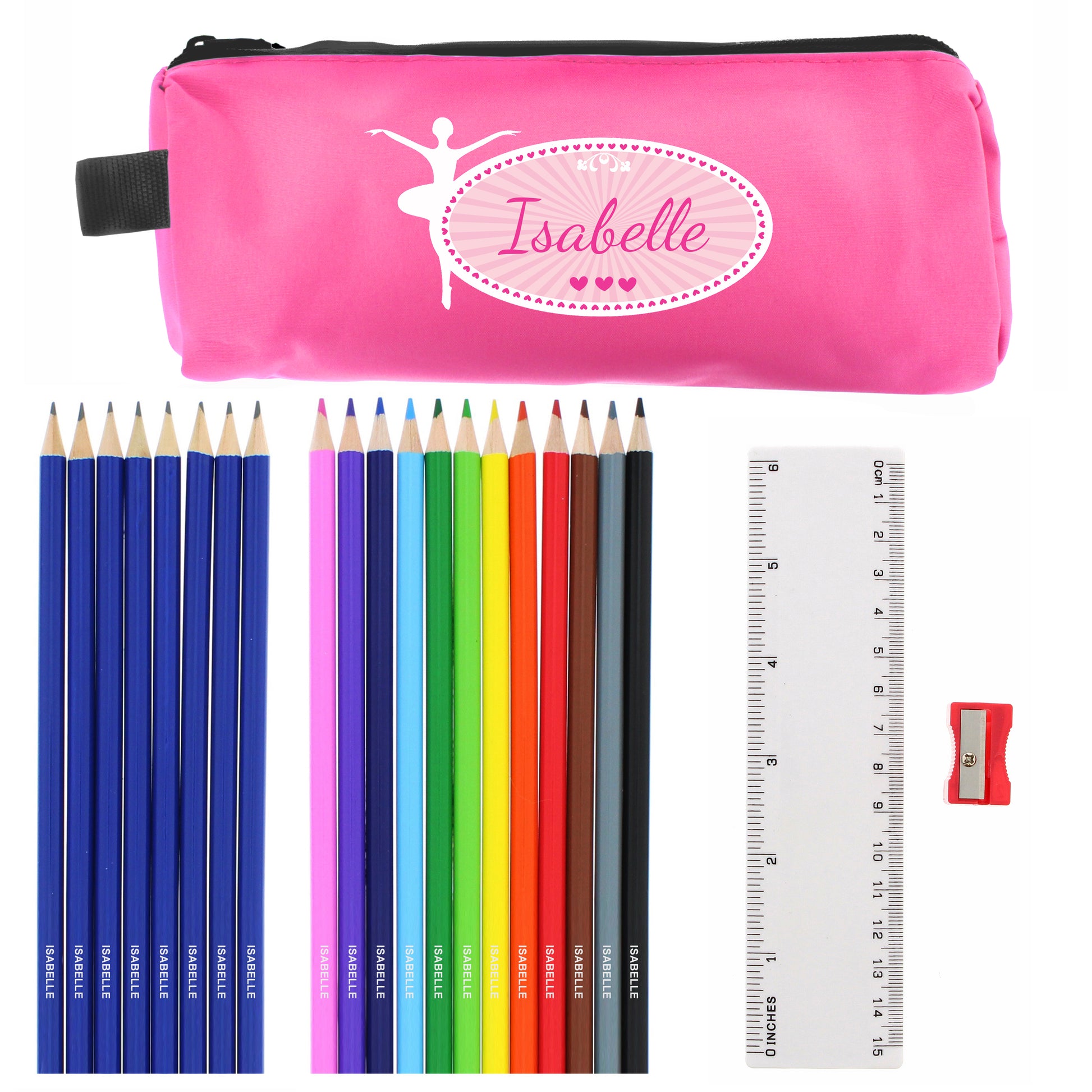 Personalised Pink Ballerina Pencil Case with Pencils & Crayons