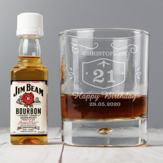 Personalised Whiskey Birthday Glass & Bourbon Whisky Miniature Set