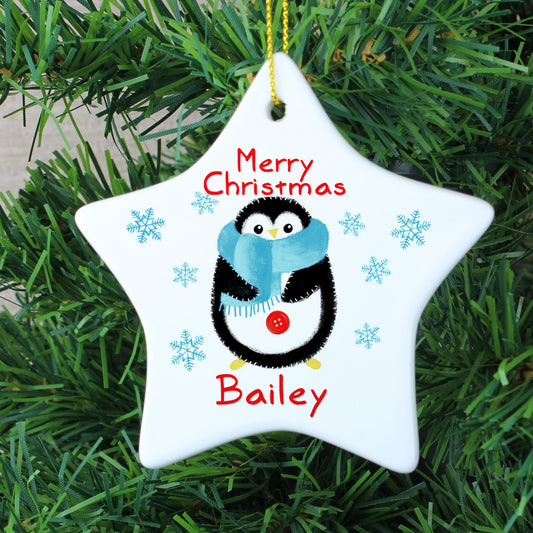 Personalised Penguin Ceramic Star Christmas Decoration