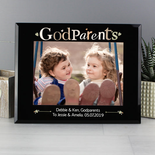 Personalised Godparents Black Glass 7x5 Photo Frame - PCS Cufflinks & Gifts