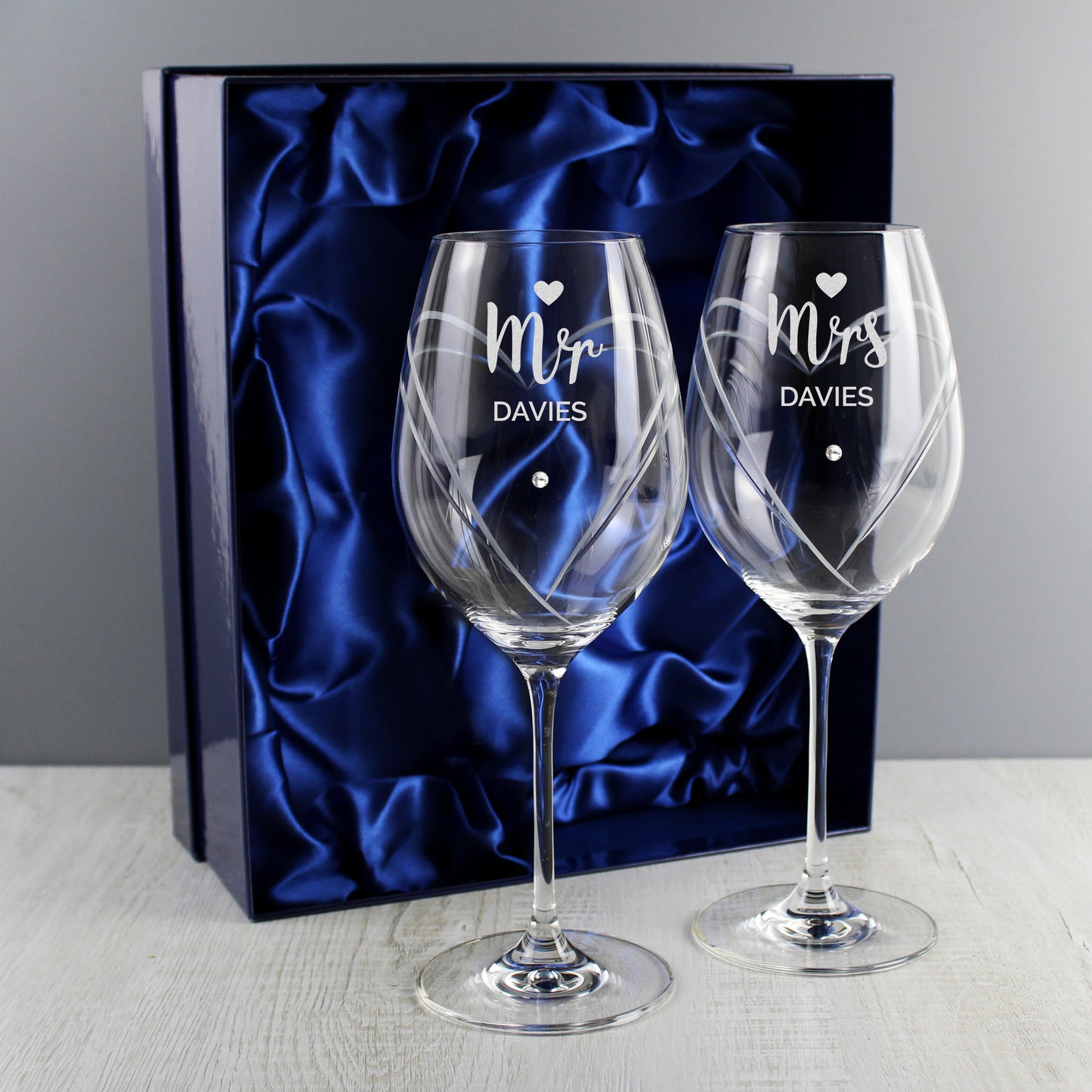 Personalised Wedding Mr & Mrs Hand Cut Heart Wine Glasses