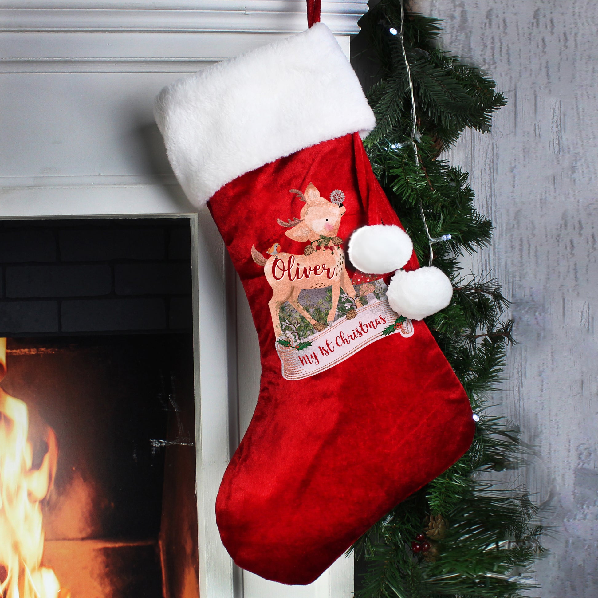 Personalised Festive Fawn Baby’s First Christmas Luxury Red Stocking
