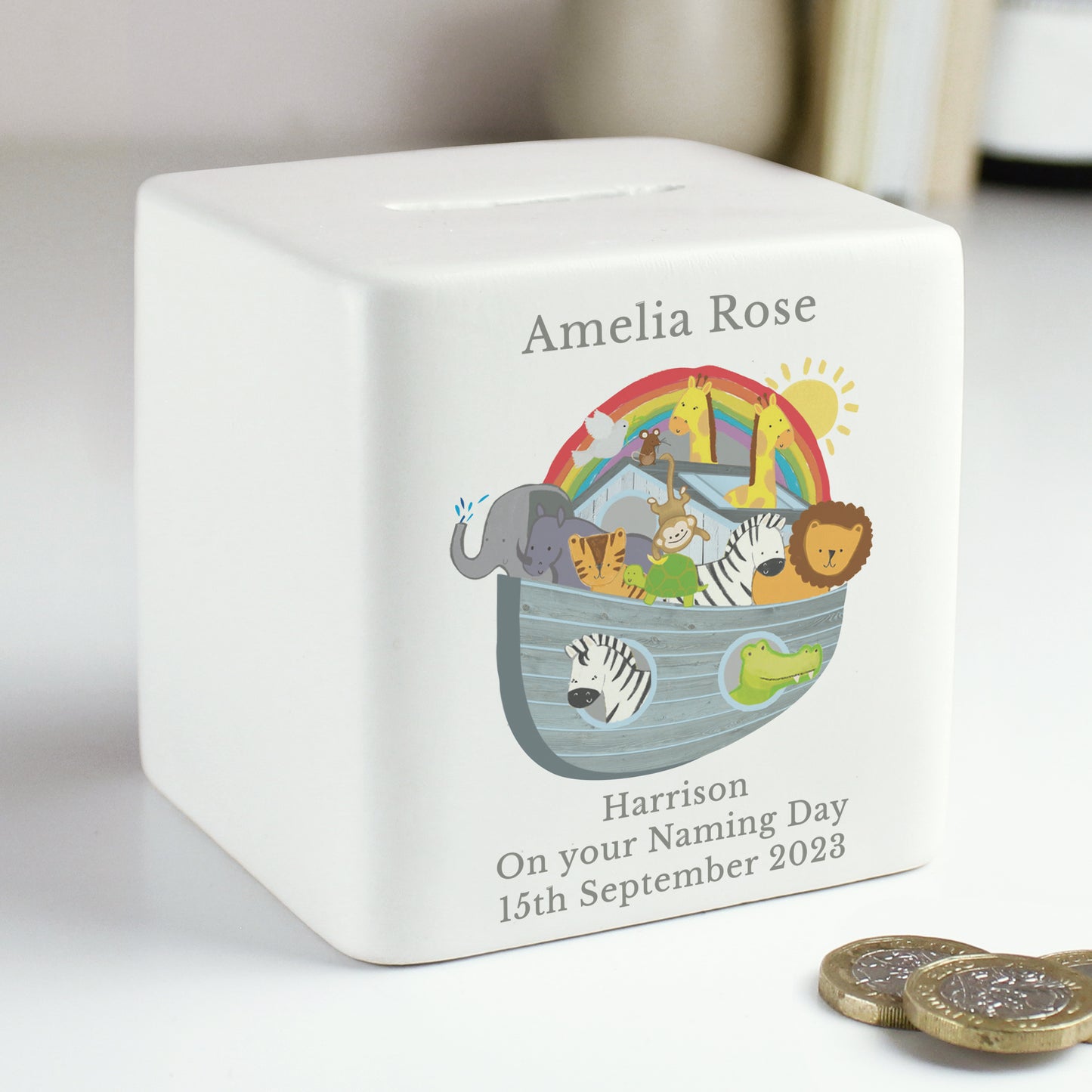 Personalised Noahs Ark Money Box - Christening - Baby - Naming Day