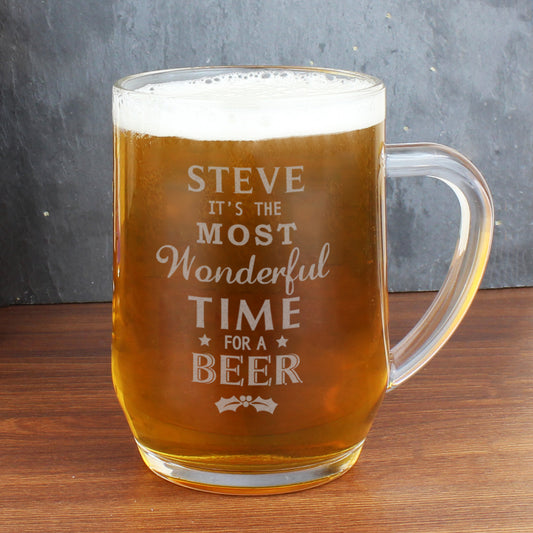 Personalised Wonderful Time For A Beer Christmas Glass Tankard