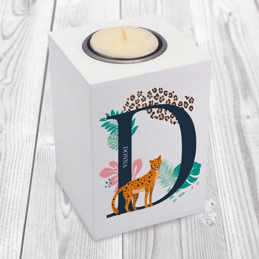 Personalised Leopard Initial Wooden Tea Light Holder