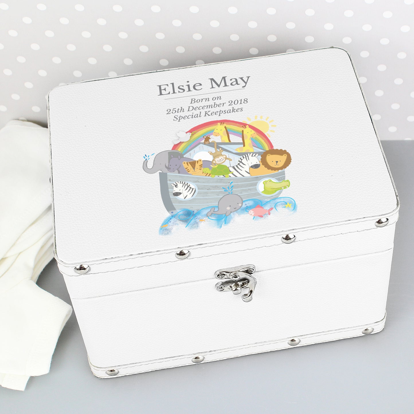 Personalised Noah's Ark White Leatherette Keepsake Box