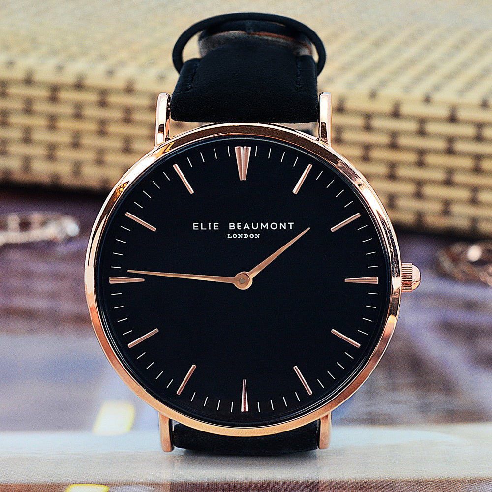 Personalised Elie Beaumont Ladies Leather Watch in Black