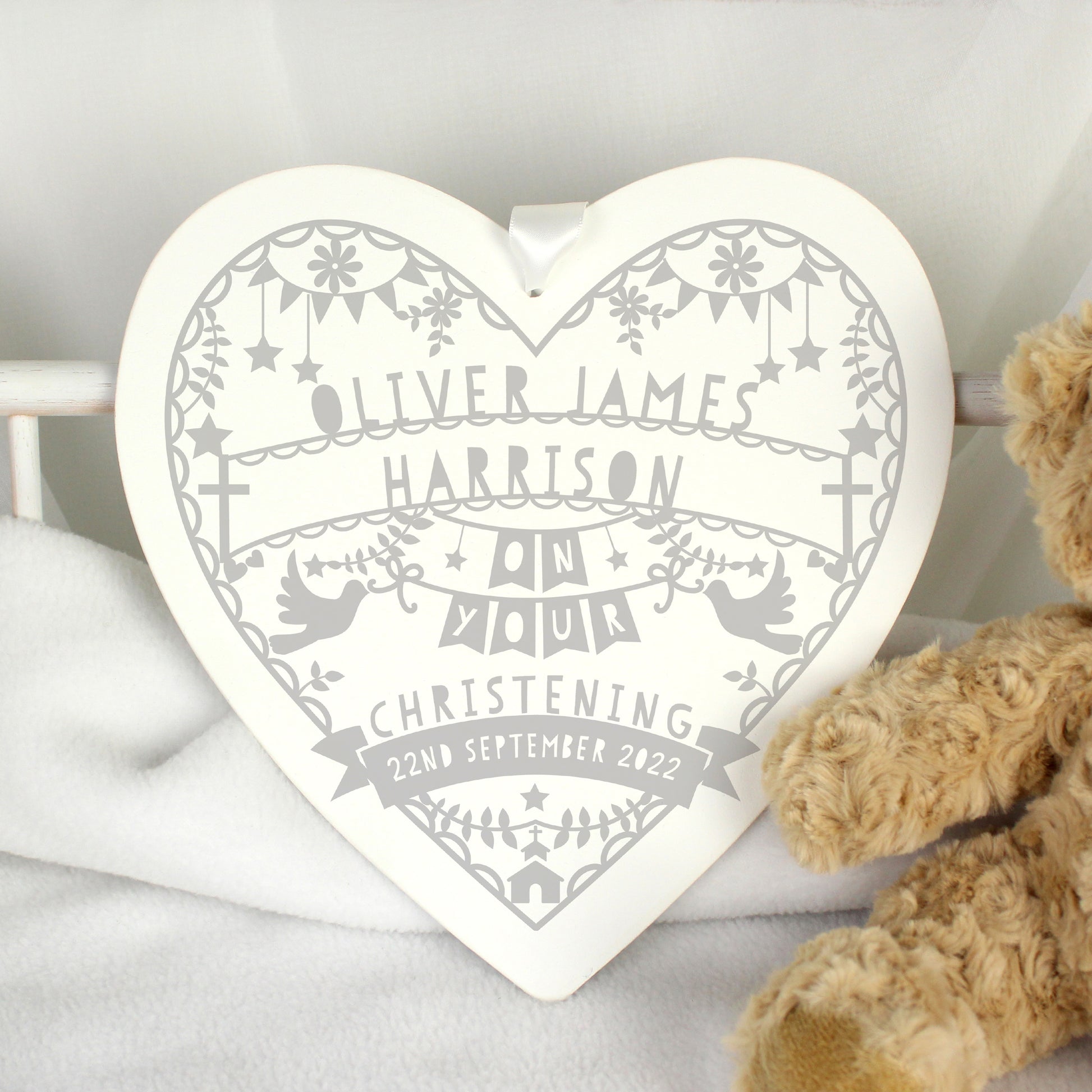 Personalised Grey Papercut Style Large Wooden Heart Sign