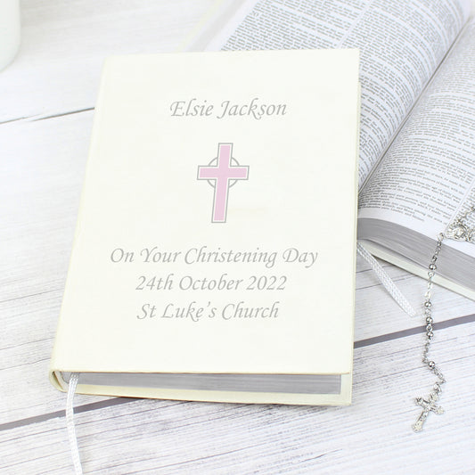 Personalised Pink Cross Holy Bible - Eco-friendly | Free Delivery