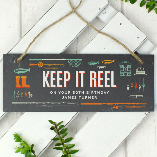 Personalised Keep It Reel Fishing Hanging Slate Sign
