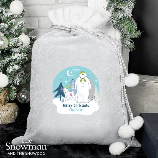 Luxury Personalised Christmas The Snowman Pom Pom Silver Grey Sack