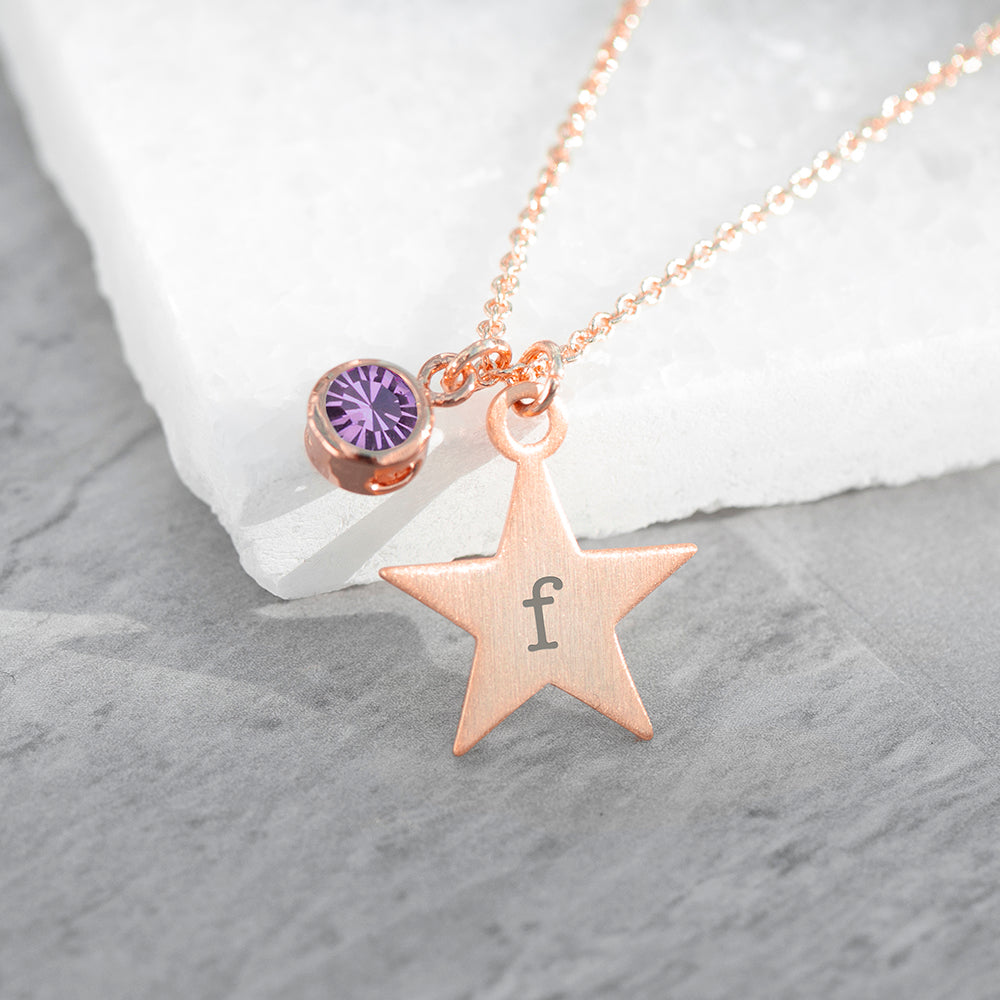 Personalised Rose Gold Star with Birthstone Crystal Necklace