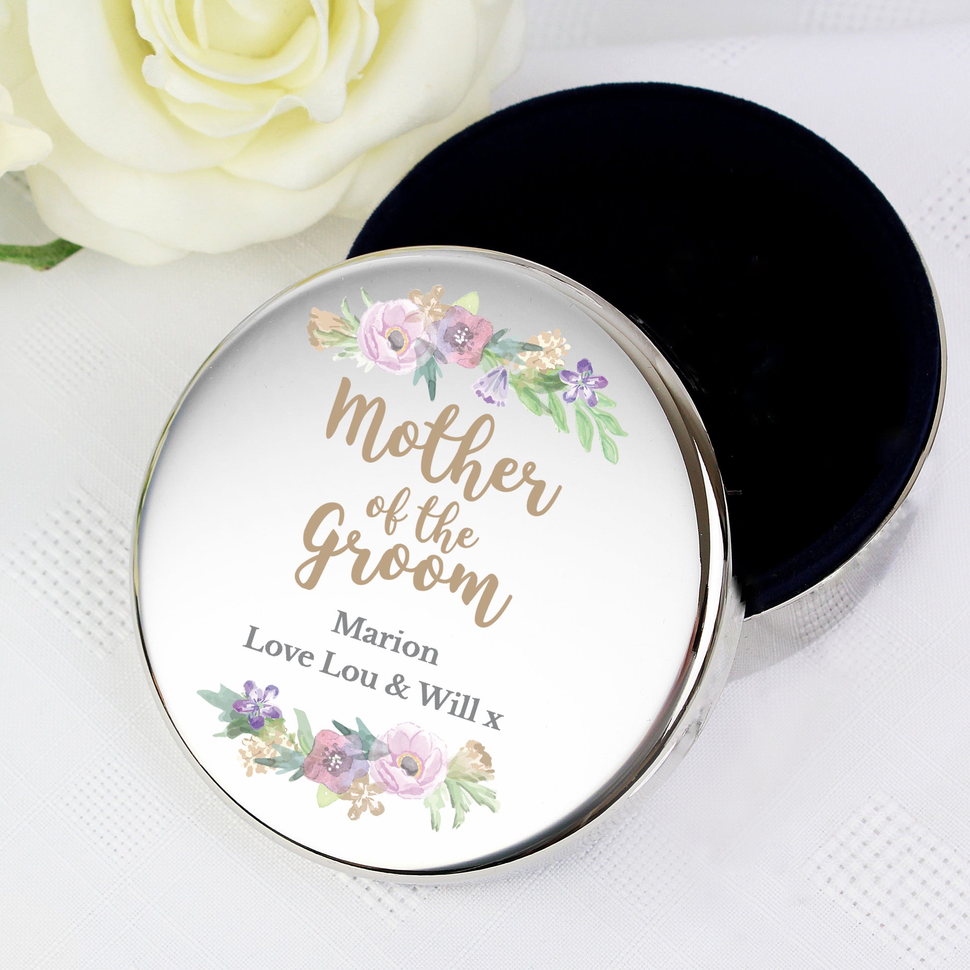 Personalised Mother of the Groom Floral Watercolour Round Trinket Box