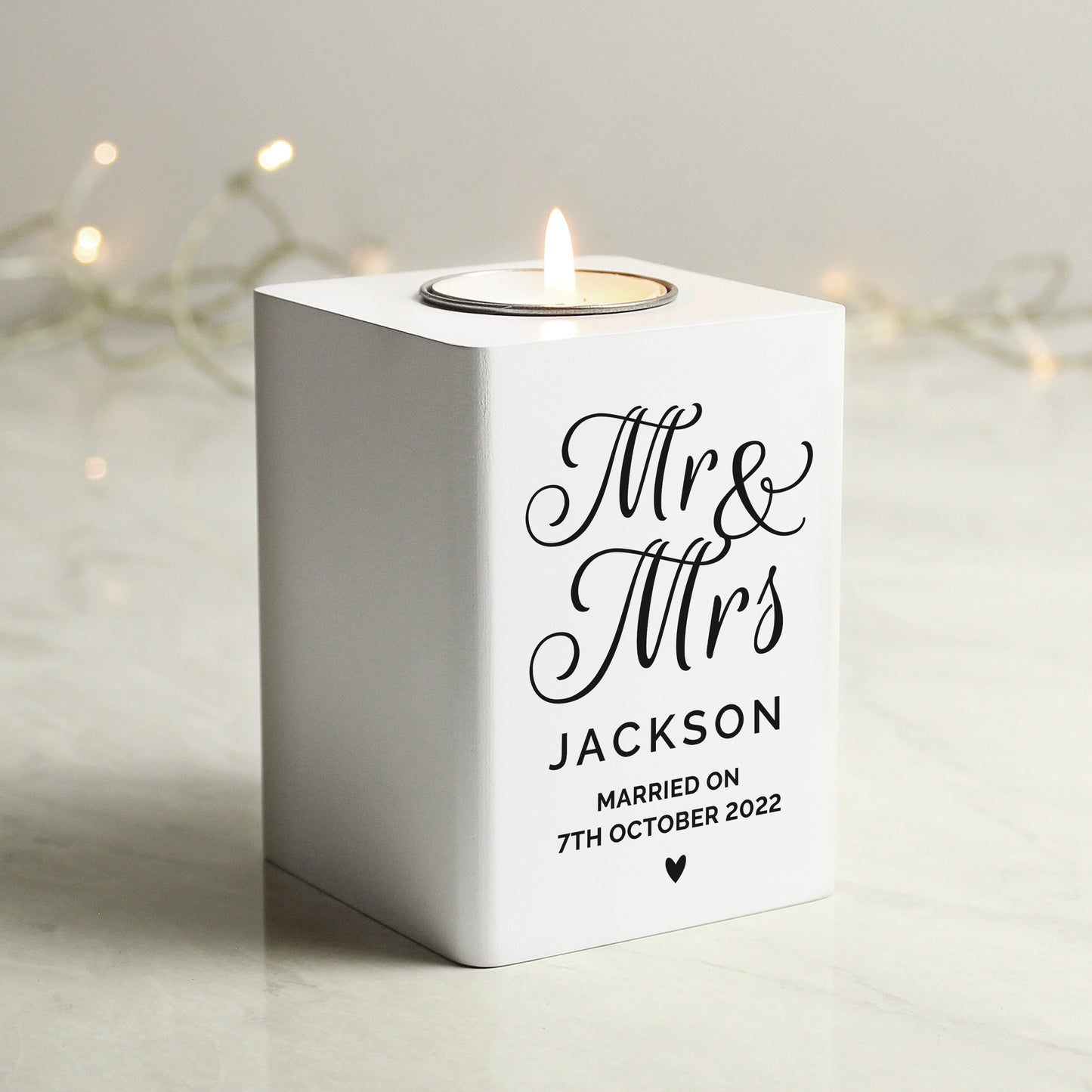 Personalised Mr & Mrs Wedding White Wooden Tea light Holder | Gift
