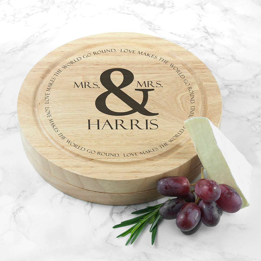 Personalised Love Makes The World Go Couples Cheese Board Set
