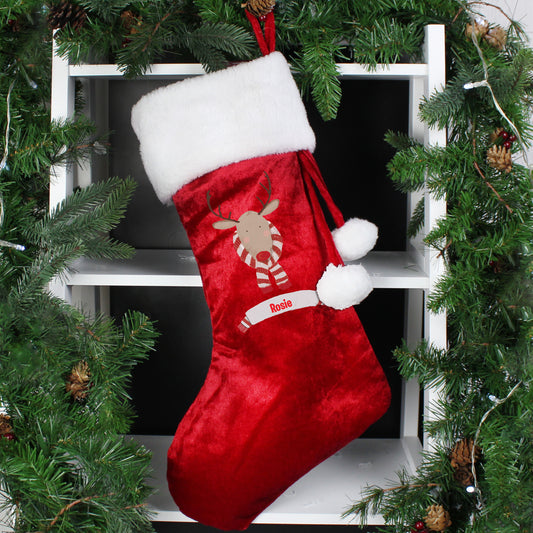 Personalised Retro Reindeer Luxury Red Christmas Stocking