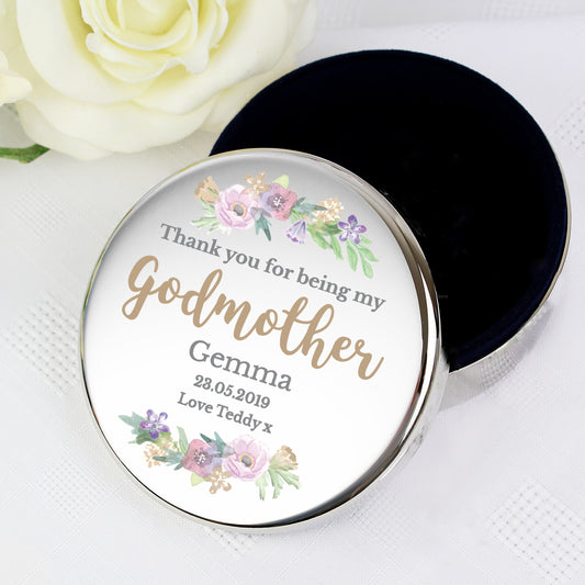 Personalised Godmother Floral Watercolour Round Trinket Box
