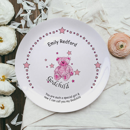 Personalised Teddy & Stars Pink Godchild 8″ Plate