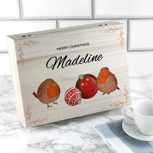 Personalised Robin Baubles Christmas Wooden Tea Box