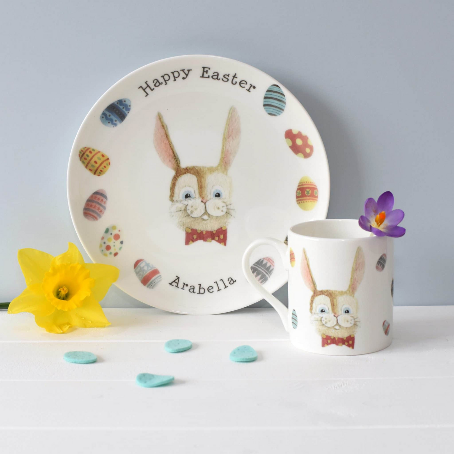 Personalised Happy Easter Bone China Plate & Mug Set