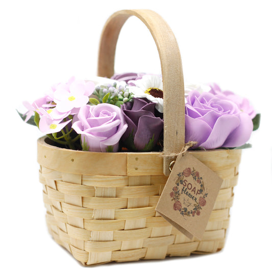 Large Lilac Soap Flowers Bouquet in Wicker Basket