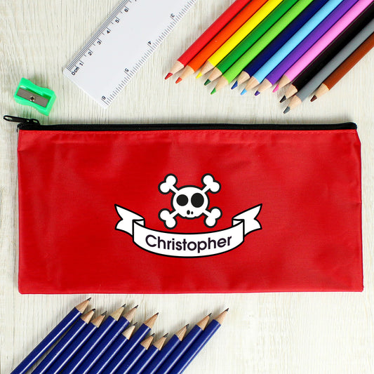 Personalised Red Skull Pencil Case with Pencils & Crayons