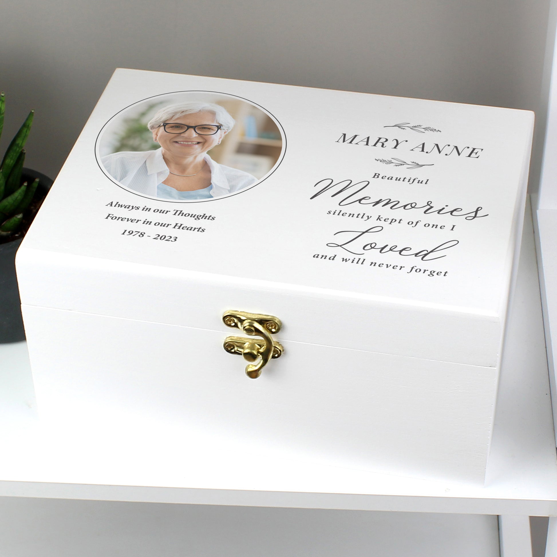 Personalised Memorial Photo Upload White Wooden Keepsake Box