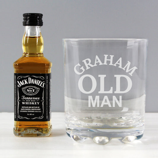 Personalised Old Man Tumbler Glass And Whiskey Miniature Set