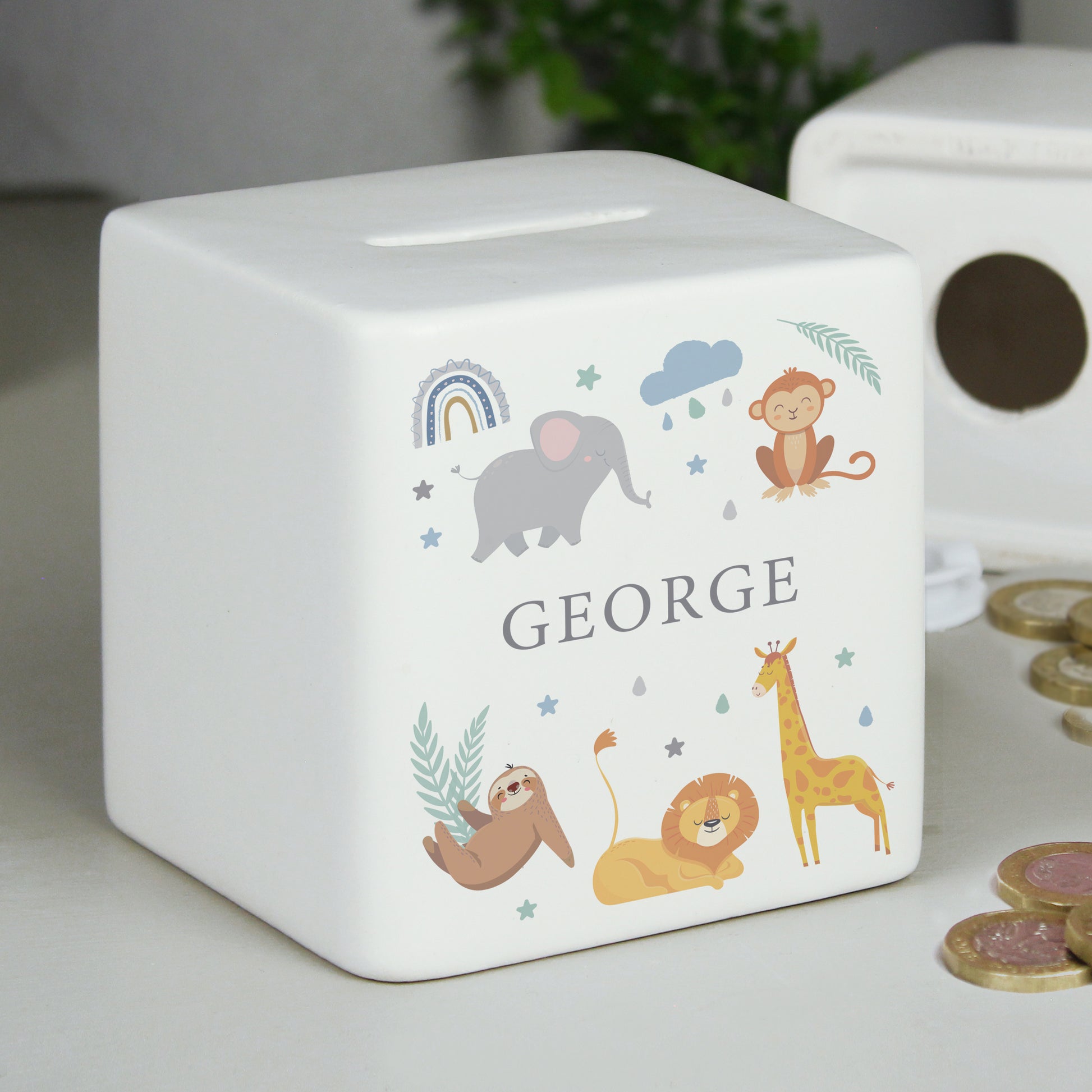 Personalised Baby Money Box - Safari Animals
