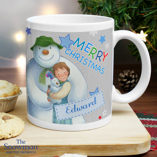 Personalised The Snowman and the Snowdog Blue Christmas Mug