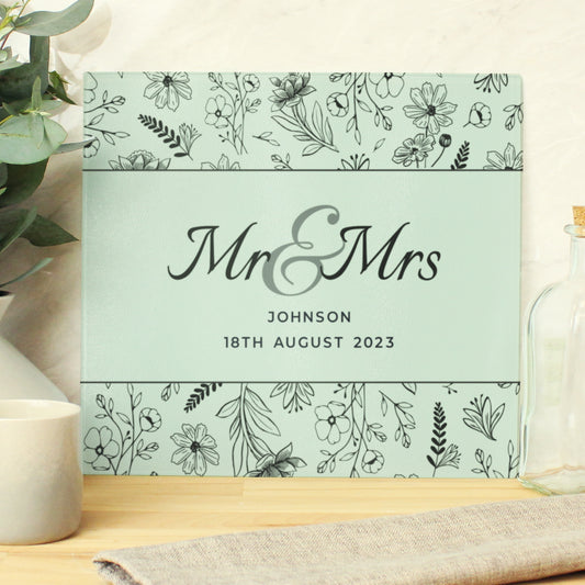 Personalised Mr & Mrs Botanical Glass Chopping Board - Wedding Gift