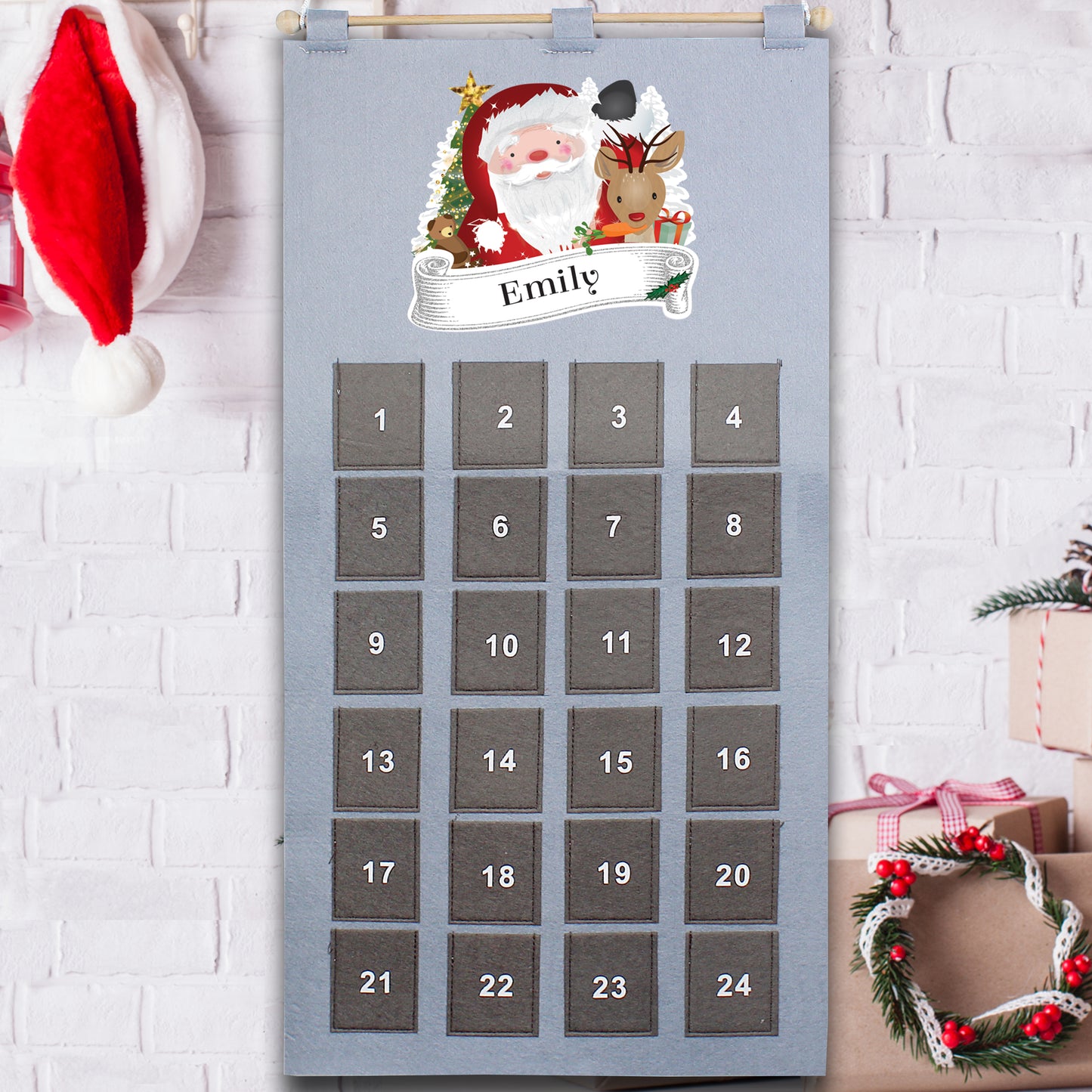 Personalised Christmas Santa Silver Grey Pockets Advent Calendar
