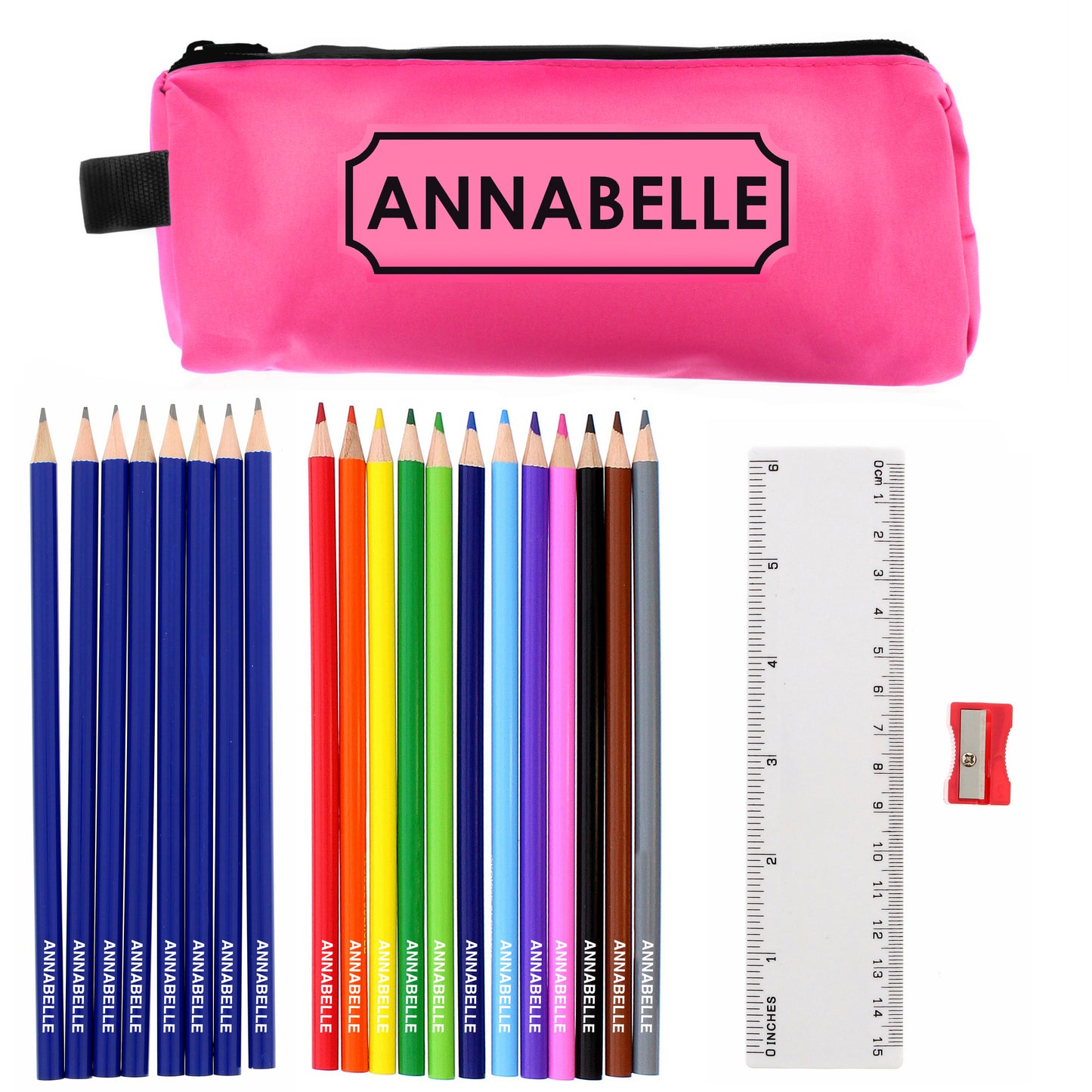 Personalised Pink Pencil Case with Pencils & Crayons