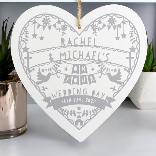 Personalised Grey Papercut Style Large Wooden Heart Sign