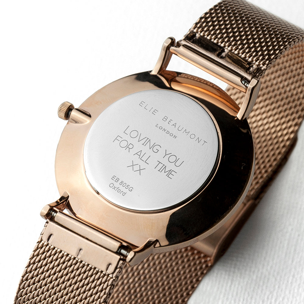 Personalised Elie Beaumont Ladies Rose Gold Mesh Strapped Watch With Black Dial