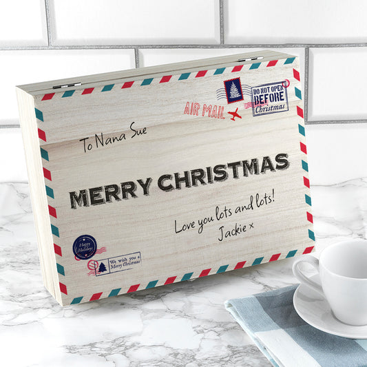 Personalised International Mail Christmas Wooden Tea Box
