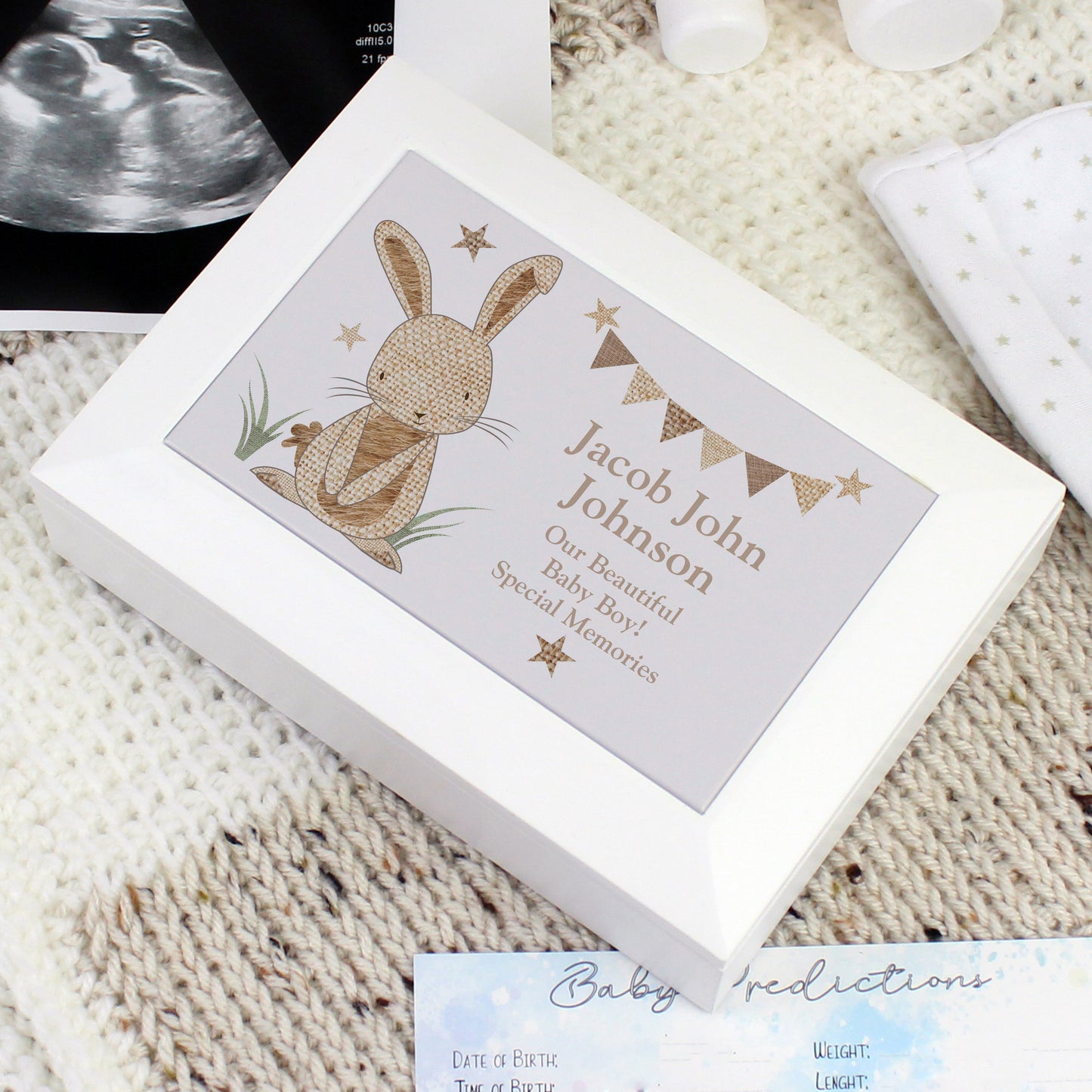Personalised Hessian Rabbit White Wooden Jewellery Box - PCS Cufflinks & Gifts