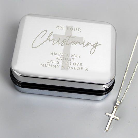 Personalised Christening Trinket Box & Cross Necklace Set - PCS Cufflinks & Gifts