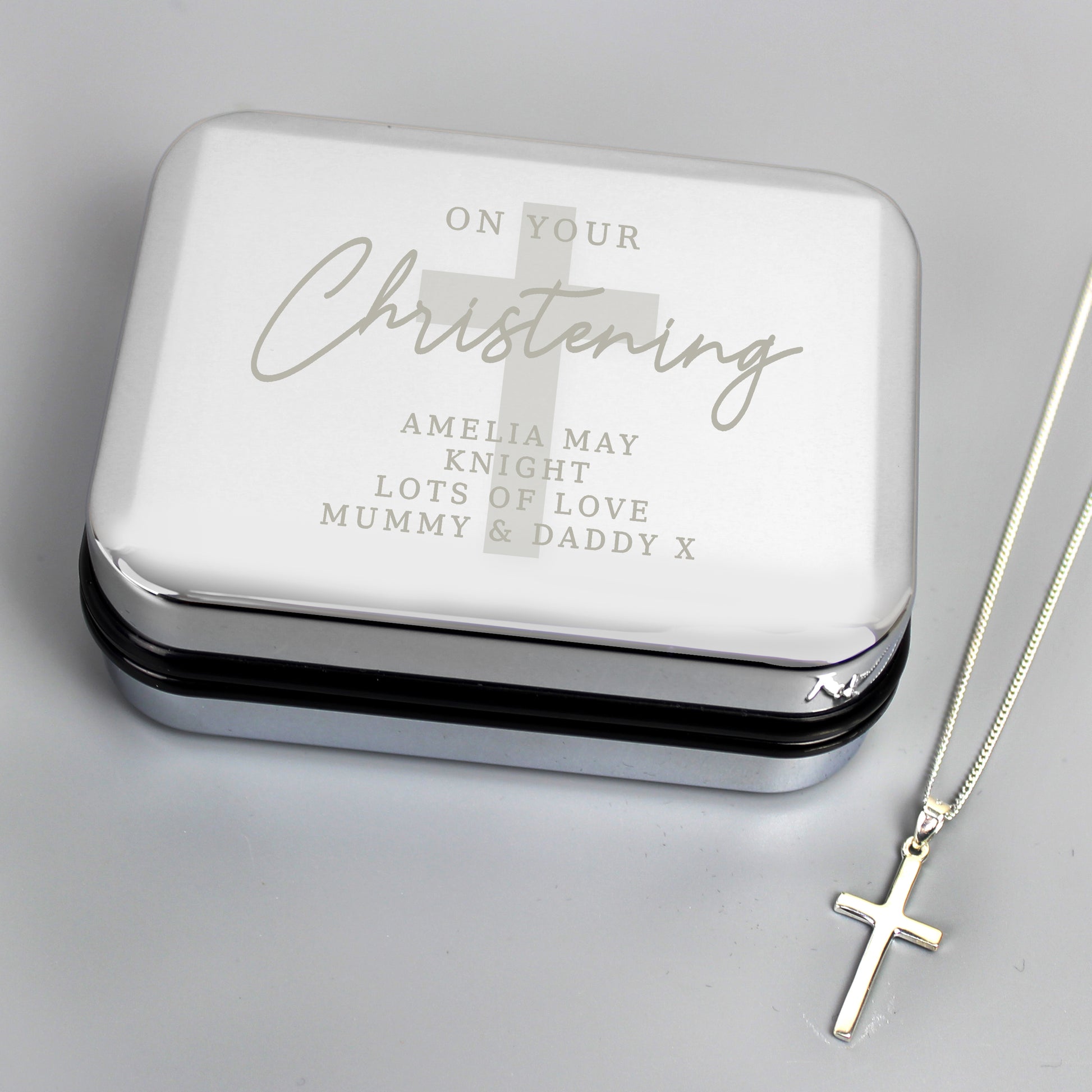 Personalised Christening Trinket Box & Cross Necklace Set - PCS Cufflinks & Gifts